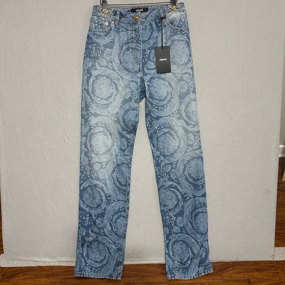 Versace Laser Stone Wash Baroque Print Jeans Blue Medusa Hardware Size 27